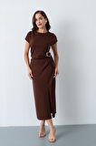 Kadın Kahverengi Toka Detay Midi Davet Elbisesi