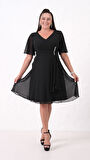 Kadın Siyah V Yaka Taşlı Büyük Beden Şifon Abiye Elbise