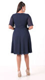 Kadın Lacivert V Yaka Taşlı Büyük Beden Şifon Abiye Elbise