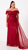 Kadın Bordo Kayık Yaka Drapeli Yırtmaçlı Uzun Simli Abiye Elbise