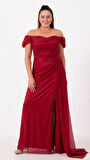 Kadın Bordo Kayık Yaka Drapeli Yırtmaçlı Uzun Simli Abiye Elbise
