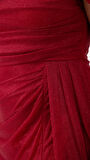 Kadın Bordo Kayık Yaka Drapeli Yırtmaçlı Uzun Simli Abiye Elbise