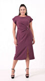 Kadın Mürdüm Bisiklet Yaka Aksesuar Detay Midi Elbise