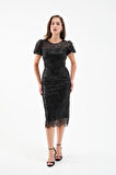 Kadın Siyah Boncuklu Midi Abiye Elbise