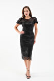 Kadın Siyah Boncuklu Midi Abiye Elbise