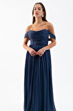 Kadın Lacivert Kayık Yaka Uzun Abiye Elbise