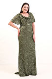 Kadın Haki Degaje Yaka Pul Payet Büyük Beden Uzun Abiye Elbise