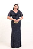 Kadın Lacivert Degaje Yaka Pul Payet Büyük Beden Uzun Abiye Elbise