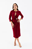 Kadın Bordo Aksesuar Detay Midi Elbise
