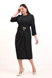 Kadın Siyah Aksesuar Detay Midi Elbise