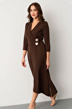 Kadın Kahverengi Kemer Detay Saten Davet Elbisesi