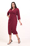 Kadın Bordo Kruvaze Yaka Boncuk İşlemeli Büyük Beden Midi Elbise