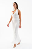 Kadın Beyaz Halter Yaka Uzun Dantel Elbise