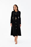 Kadın Siyah Uzun Kol Gold Düğmeli Midi Elbise