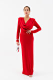 Kadın Kırmızı Pileli Degaje Yaka Elbise