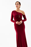 Kadın Bordo Tek Omuz Taş Aksesuarlı Maxi Elbise