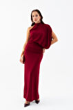 Kadın Bordo Tek Omuz Drape Detaylı Uzun Elbise