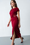Kadın Bordo Toka Detay Midi Davet Elbisesi