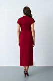 Kadın Bordo Toka Detay Midi Davet Elbisesi