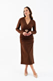 Kadın Kahverengi Kemerli Büzgü Detay Uzun Elbise
