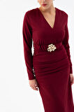 Kadın Bordo Kemerli Büzgü Detay Uzun Elbise