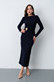Kadın Lacivert Vatkalı Bel Büzgülü Midi Elbise
