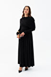 Kadın Siyah Omuz Parçalı Çapraz Büzgülü Uzun Elbise