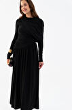 Kadın Siyah Omuz Parçalı Çapraz Büzgülü Uzun Elbise