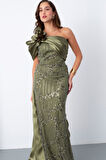 Kadın Haki Boncuklu Tek Omuz Fiyonk Detay Kuyruklu Uzun Abiye