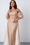 Kadın Bej Straplez Boncuklu Saten Kuyruklu Uzun Abiye