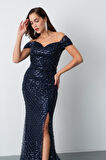Kadın Lacivert Madonna Yaka Boncuklu Uzun Balık Abiye Elbise