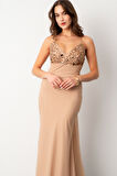 Kadın Bej Askılı Taş Detaylı Uzun Tül Abiye Elbise