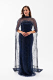 Kadın Lacivert Straplez Uzun Şal Detay Boncuklu Söz Nişan Abiye