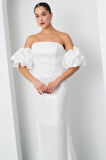 Kadın Beyaz Kol Detay Boncuklu Uzun Abiye Elbise