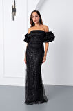 Kadın Siyah Kol Detay Boncuklu Uzun Abiye Elbise
