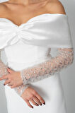 Kadın Beyaz Kol Detaylı Fiyonklu Söz Nişan Nikah Abiye Elbise