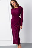 Kadın Mürdüm Büzgü Detay Kruvaze Midi Elbise
