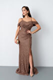 Kadın Kahverengi Omuz Dekolteli Boncuklu Uzun Abiye Elbise