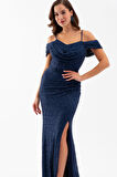 Kadın Lacivert Omuz Dekolteli Boncuklu Uzun Abiye Elbise