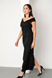 Kadın Siyah Kruvaze Yaka Midi Elbise