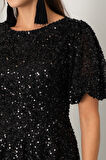 Kadın Siyah Balon Kol Pul Payet Midi Abiye Elbise