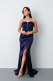 Kadın Lacivert Yaka Detay Saten Uzun Söz Nişan Abiye Elbise