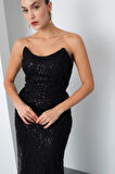 Kadın Siyah Straplez Boncuklu Uzun Balık Abiye Elbise