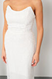 Kadın Beyaz Straplez Boncuklu Uzun Balık Abiye Elbise