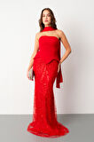 Kadın Kırmızı Straplez Taşlı Uzun Balık Abiye