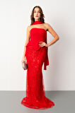 Kadın Kırmızı Straplez Taşlı Uzun Balık Abiye