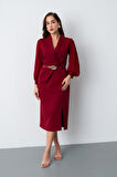 Kadın Bordo Kemerli Midi Abiye Elbise