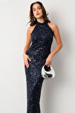 Kadın Lacivert Halter Yaka Pul Payet Uzun Abiye Elbise