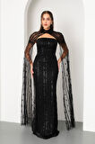 Kadın Siyah Şallı Uzun Kol Dik Yaka Boncuklu Uzun Abiye Elbise