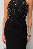 Kadın Siyah Halter Yaka Taşlı Uzun Abiye Elbise
